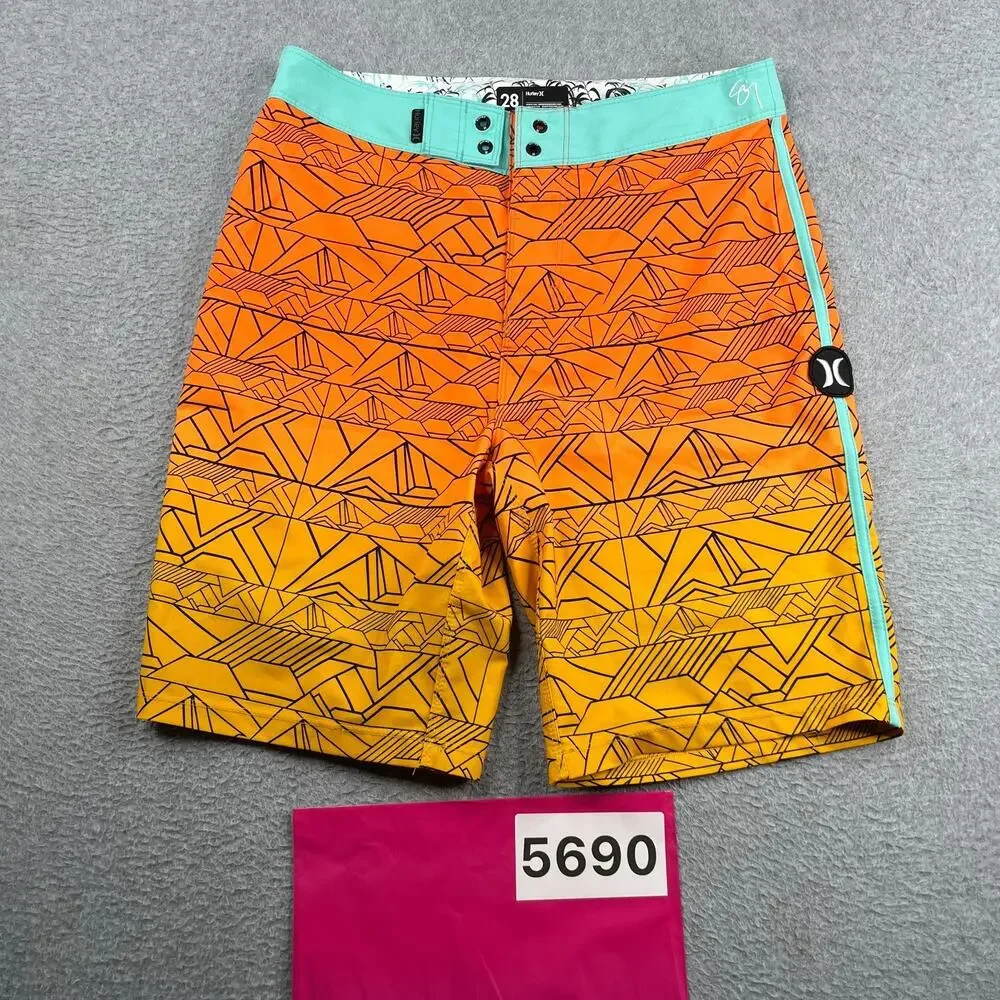 Hurley Orange Geometric Surf Board Shorts Bathing Suit Mens 28 *SEE no string